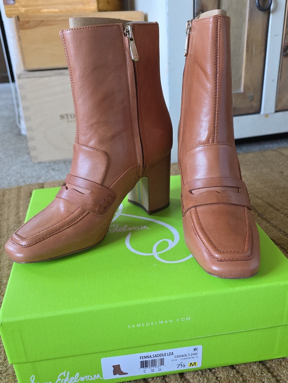 Sam Edelman Tan Leather Mid-Block Heel High Ankle Loafer Booties 7.5